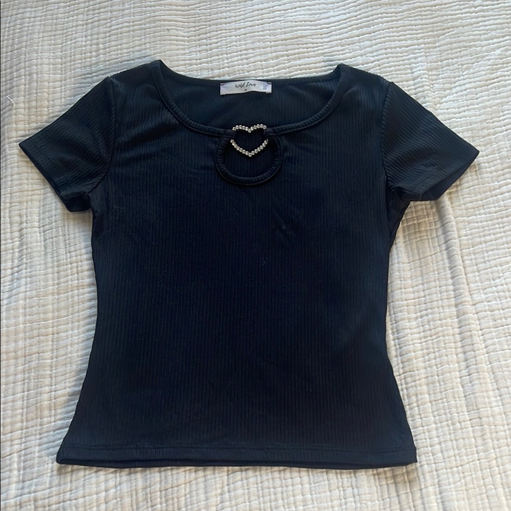 Black Ribbed Top with Pearl Detail